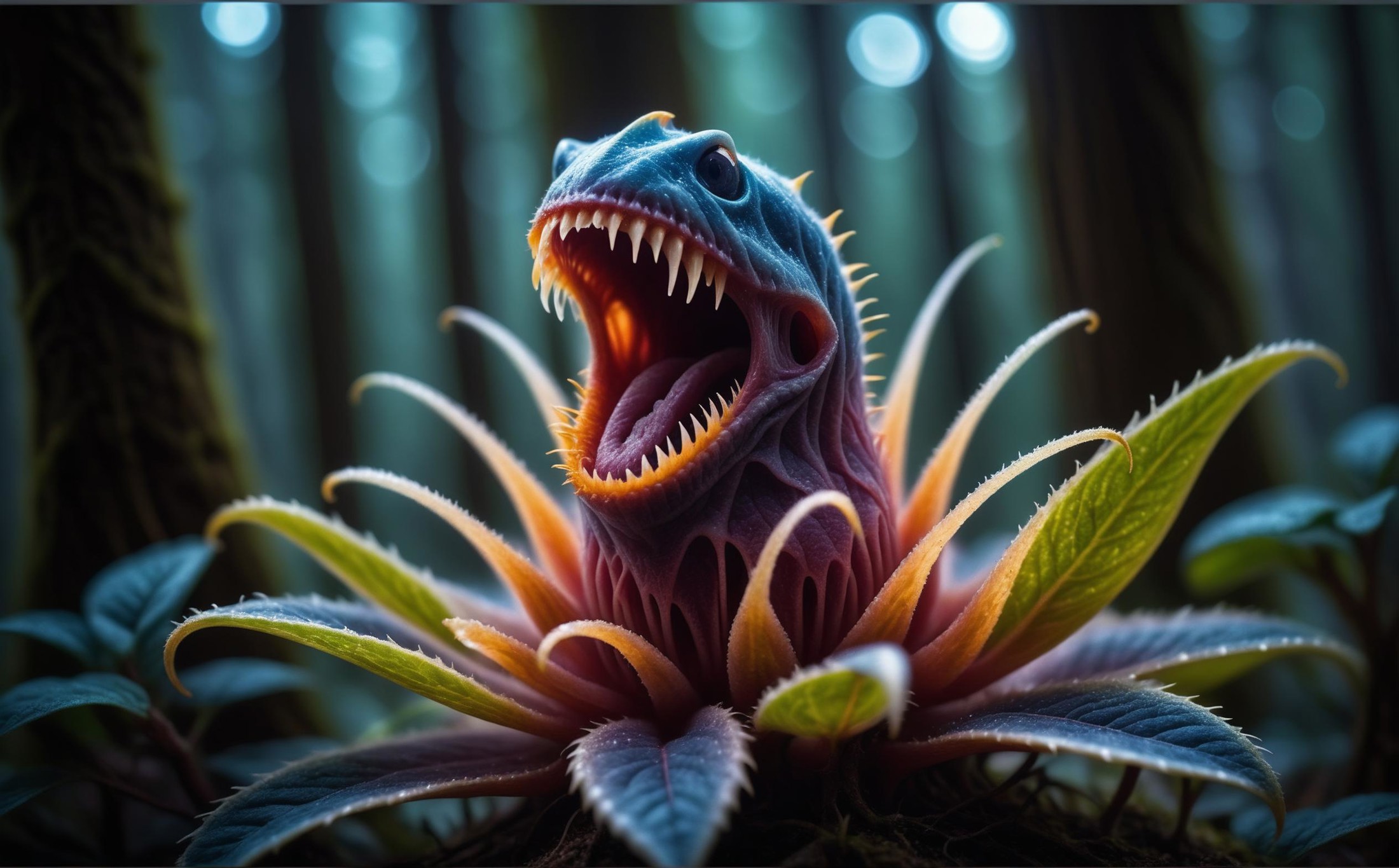 (macro photo), a flesh eating plant with a ethereal complex colors with sharp teeth, a mesmerizing bioluminescent forest, ...